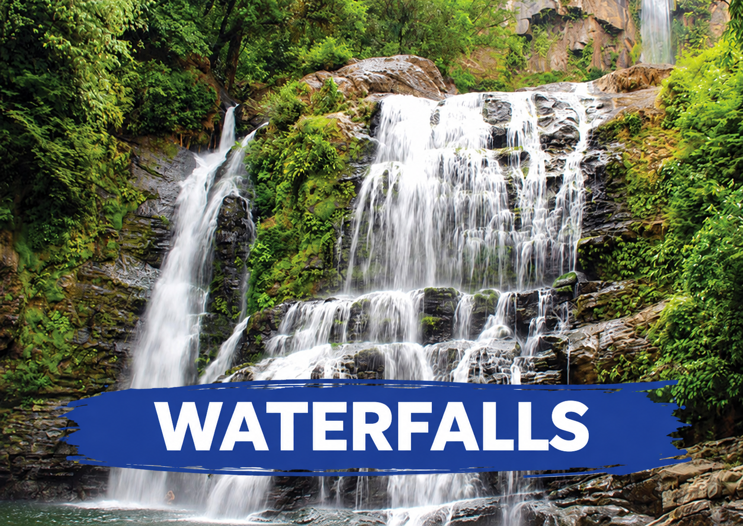 Waterfalls experience with blue brush title